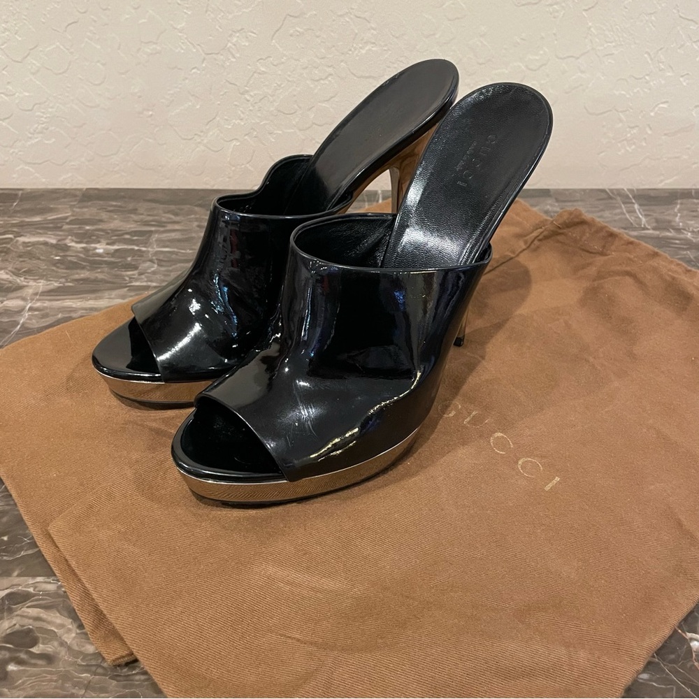 Gucci Patent Leather Peep Toe Stiletto Sandals - Picture 15 of 16